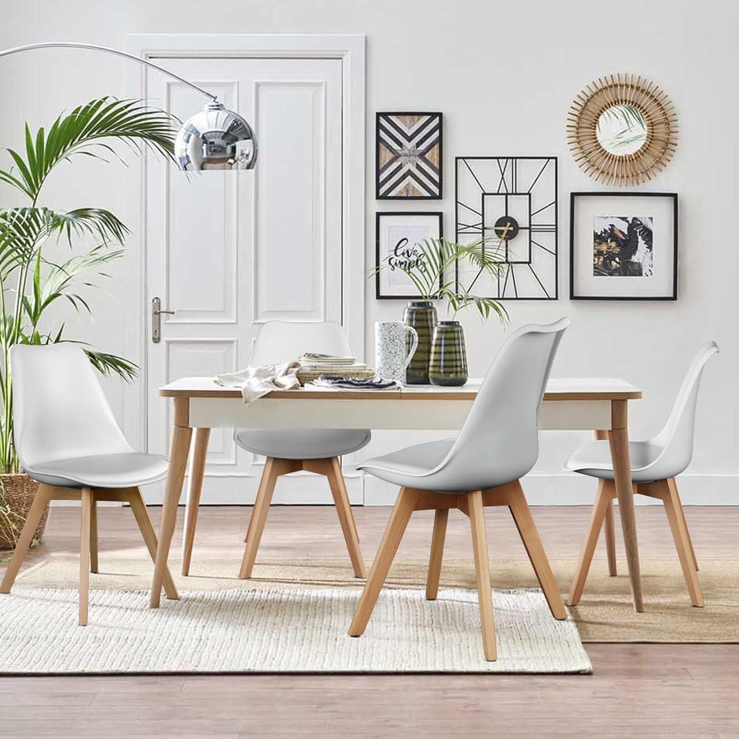OLIXIS Dining Chairs Set of 4, Mid Century Modern Accent Chairs with Curved Backrest and Wood Legs, PU Leather Upholstered Kitchen Side Chairs for Living Room, Bedroom, Outdoor Patio, White