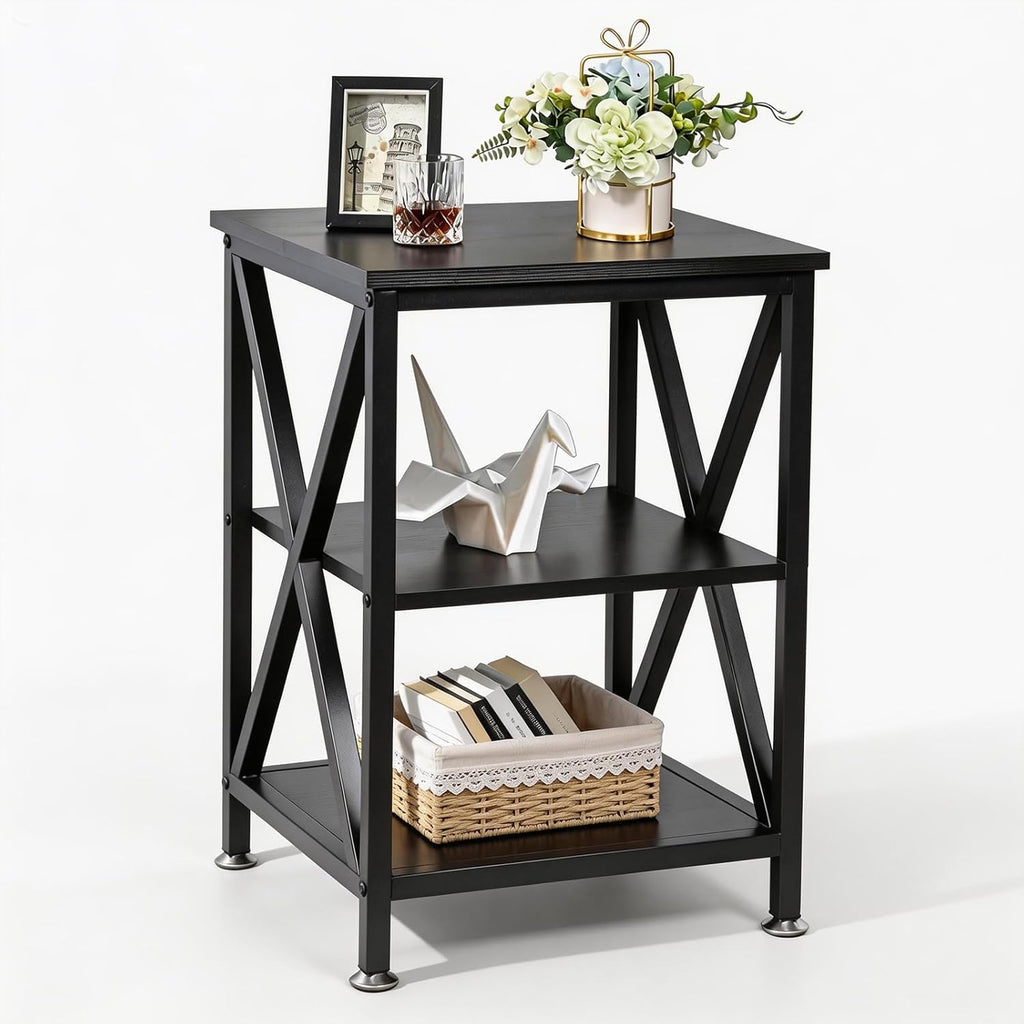 TooCust Square End Table with Storage Shelf, 16" D X 16" W X 24" H, 3-Tier End Table Living Room, Black Metal End Tables, X-Shaped Night Stand for Bedroom, Farmhouse Wood End Tables Black