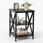 TooCust Square End Table with Storage Shelf, 16" D X 16" W X 24" H, 3-Tier End Table Living Room, Black Metal End Tables, X-Shaped Night Stand for Bedroom, Farmhouse Wood End Tables Black
