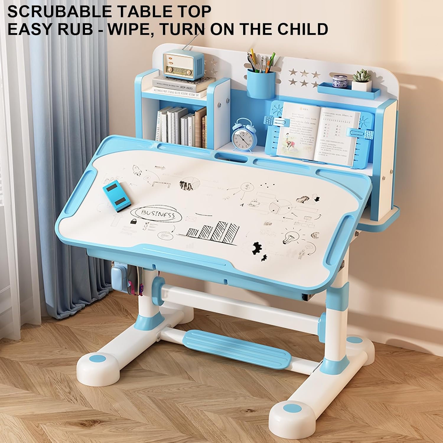 Kids Desk and Chair Set - Adjustable Height Small Desks, Widened Desktop, Kids Study Desk with Drawer & Multi Separation Cartoon Pattern, Small Standing Desks Pink