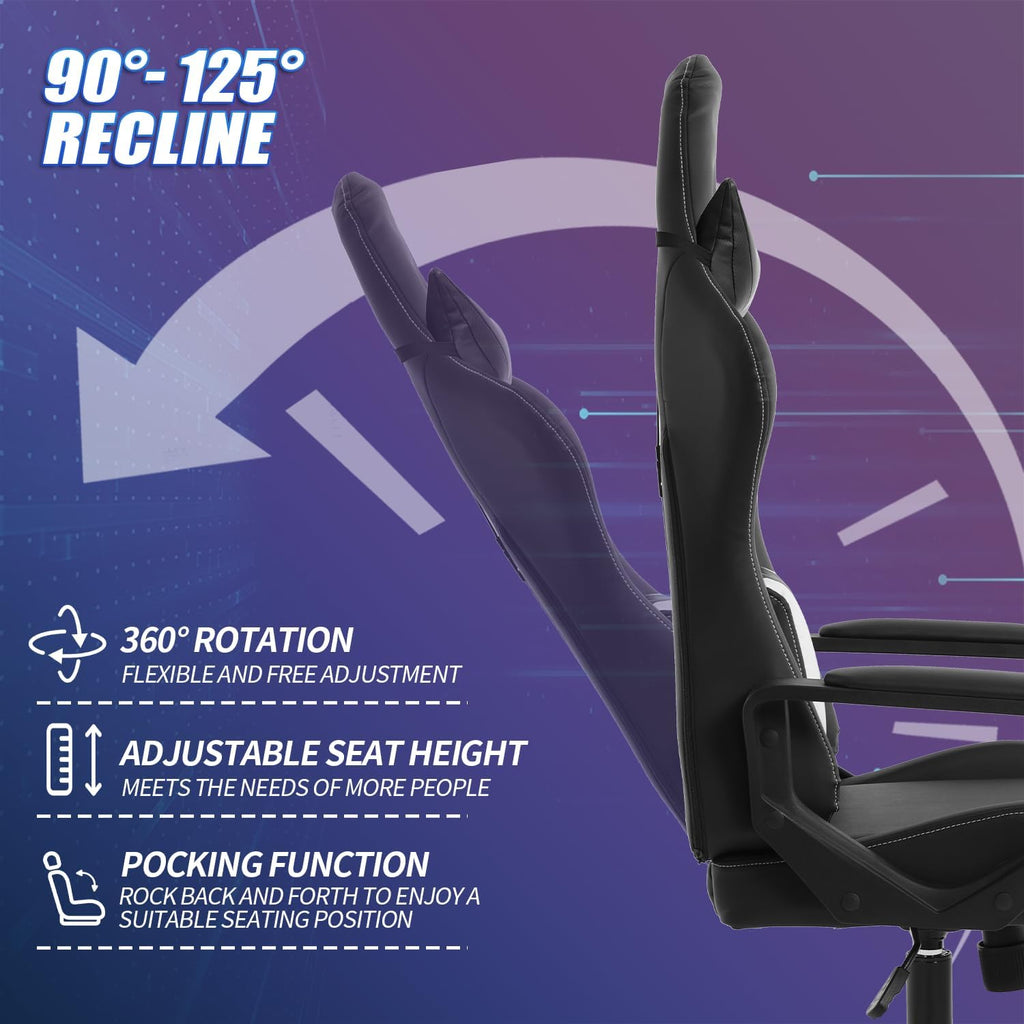 Gaming Chair Office Chair High-Back Ergonomic Video Game Chairs for Kids Teen Adult Height Adjustable Reclining Computer Chair with Lumbar Support Armrest Headrest Game Chair - White