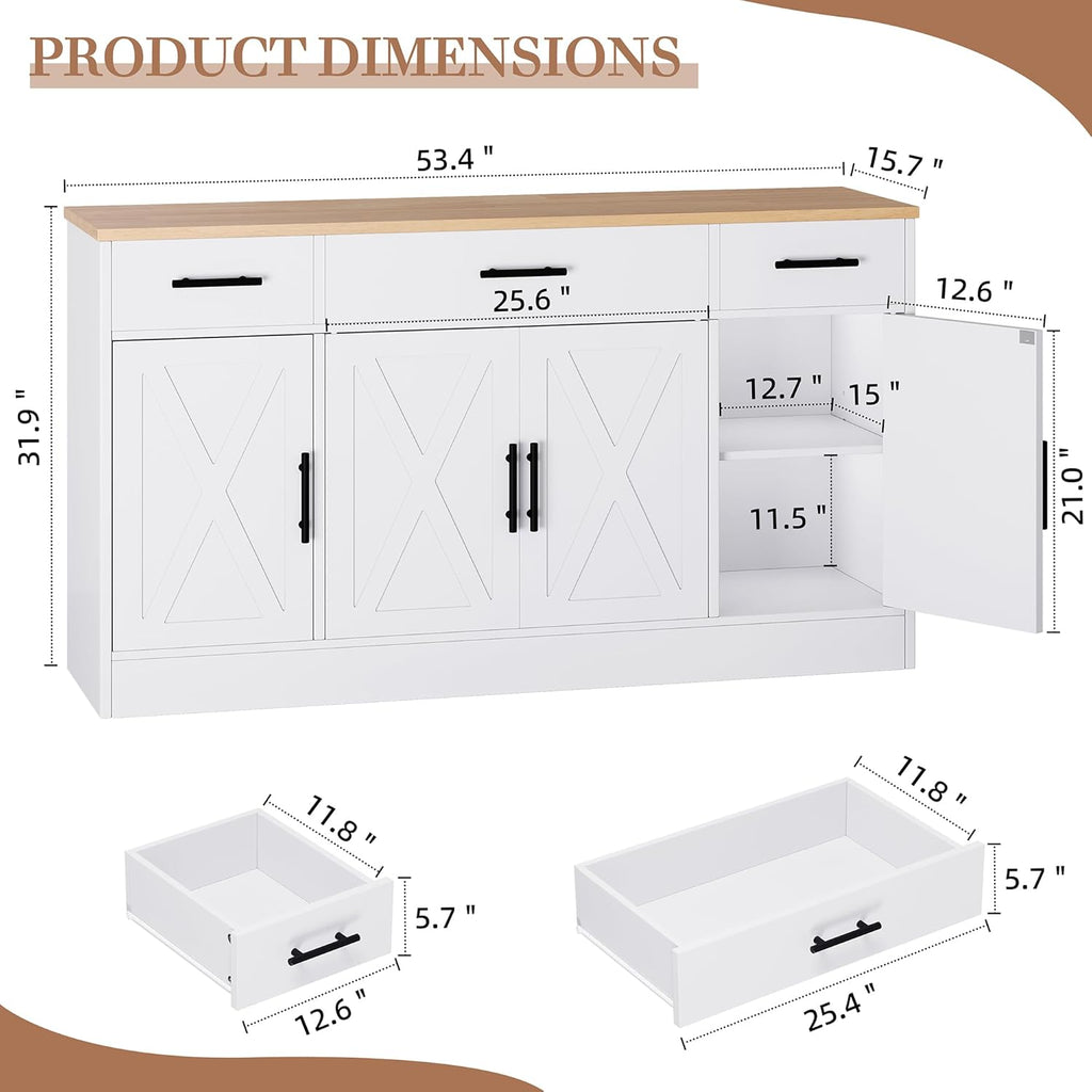 Shintenchi Buffet Cabinet with Storage,53.4" Large Kitchen Storage Cabinet with 3 Drawers and 4 Doors,Wood Farmhouse Buffet Sideboard with Adjustable Shelf for Kitchen Living Room, White