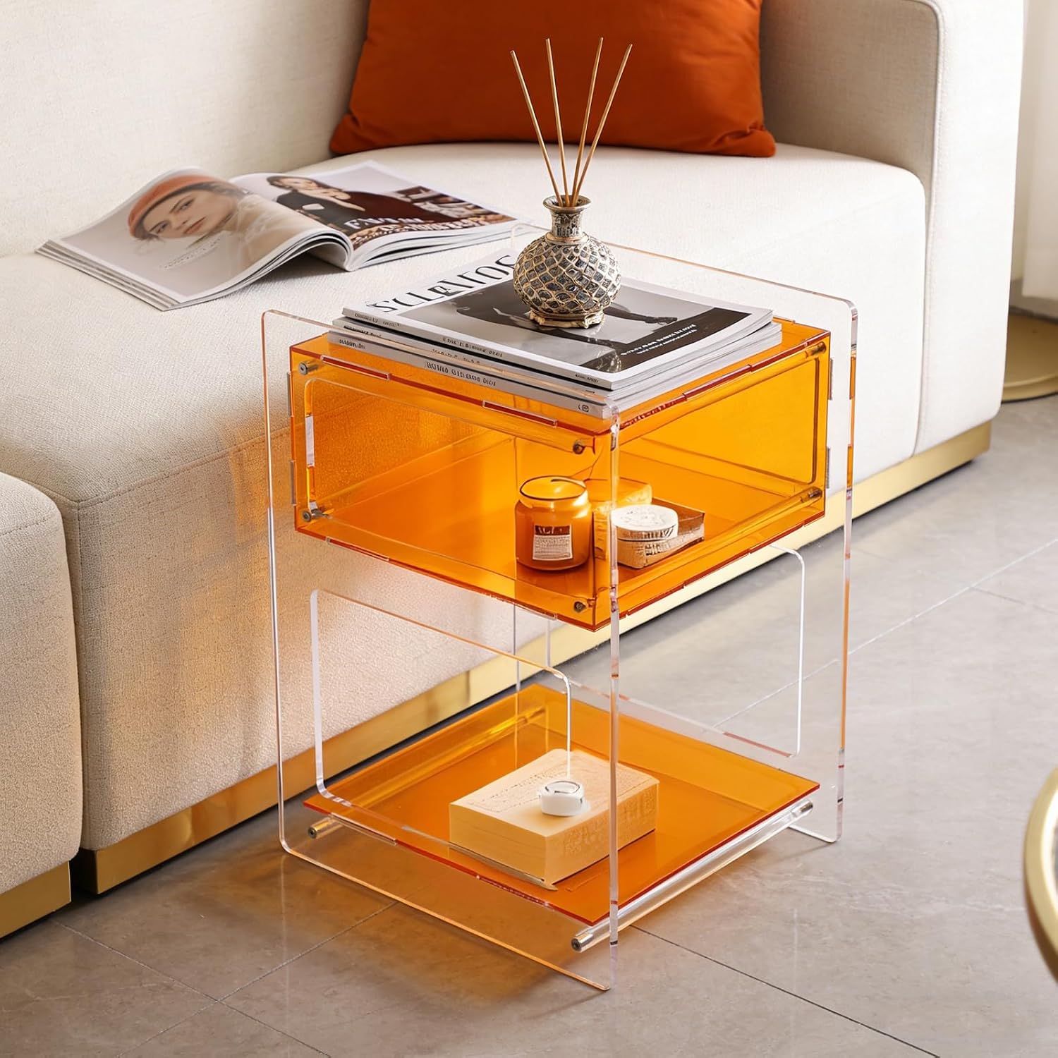 Acrylic Side Table with Open Storage Shelf, Clear Nightstand for Bedroom Living Room, Modern Small End Table for Record Player, Acrylic Bedside Organizer (Orange)