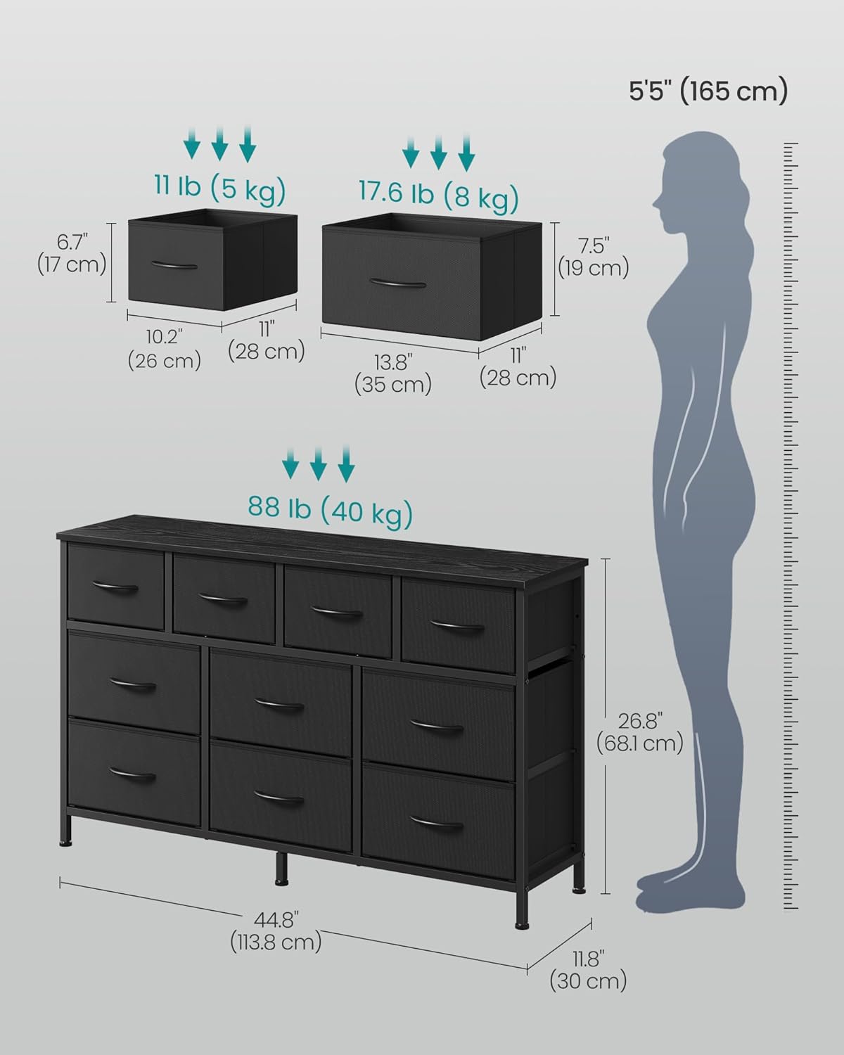 SONGMICS BELLAH Collection - Dresser for Bedroom, Chest of Drawers, TV Stand for TVs Up to 55 Inches, Living Room, Closet, 10 Drawers, Modern, Ink Black ULGS333BH02S