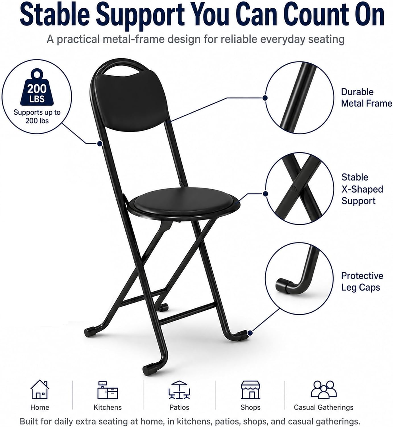 2 Pack Folding Stool with Back, 17 Inch Small Folding Chair, Black Stool with Padded PU Seat, Portable Foldable Stool Chair for Kitchen, Camping, Outdoor, Extra Seating, Black