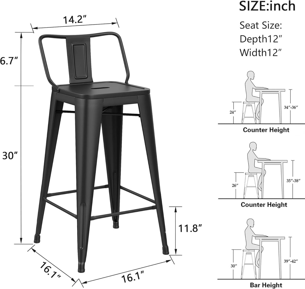 30 inch Metal Bar Stools Set of 4 Bar Height Stools with Backs Industrial Low Back Bar Chairs for Indoor Outdoor Matte Black