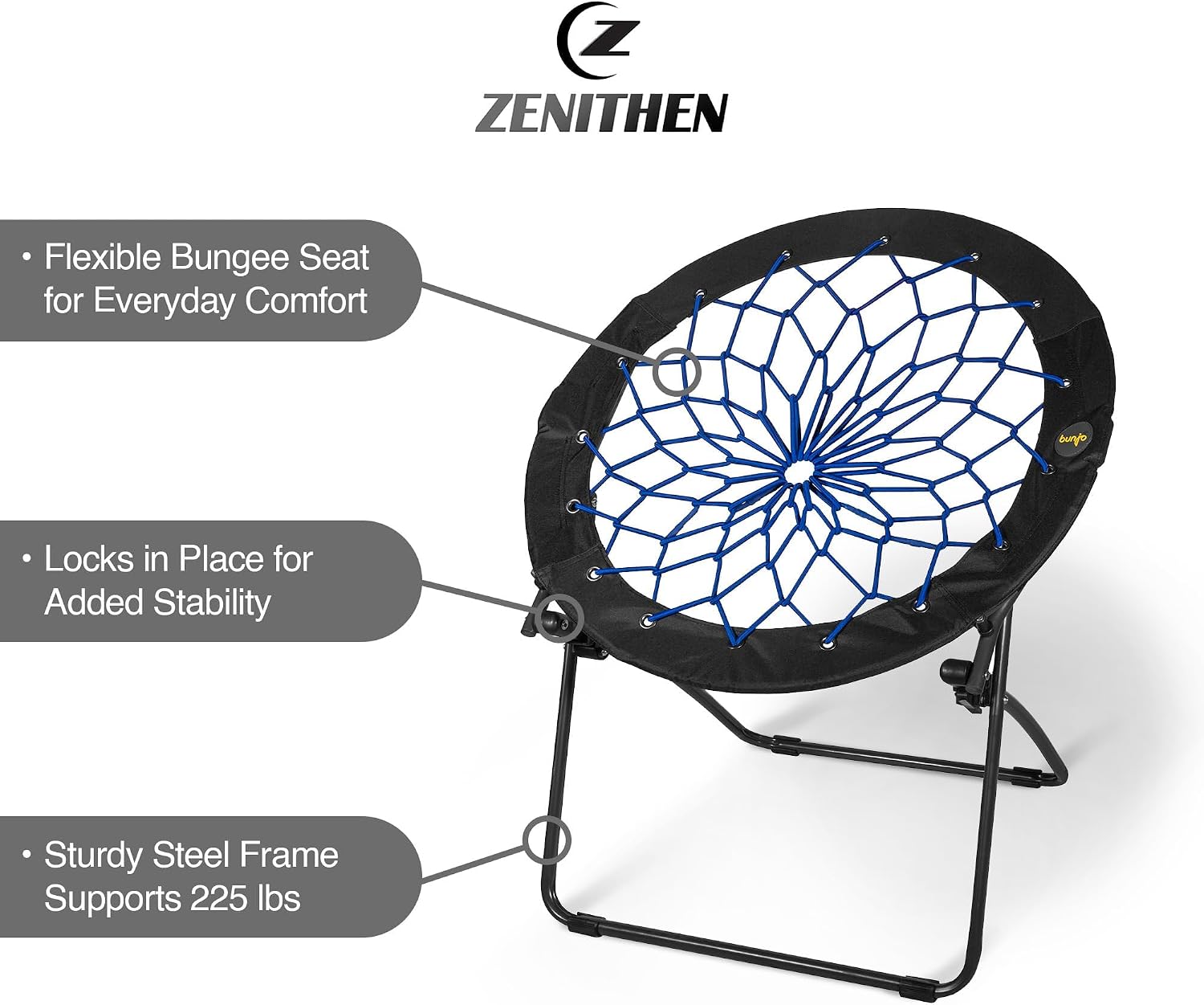 Zenithen 29” Bunjo Bungee Chair, Indigo (Pack of 2) | Foldable. Lightweight, Portable, Collapsible Seating
