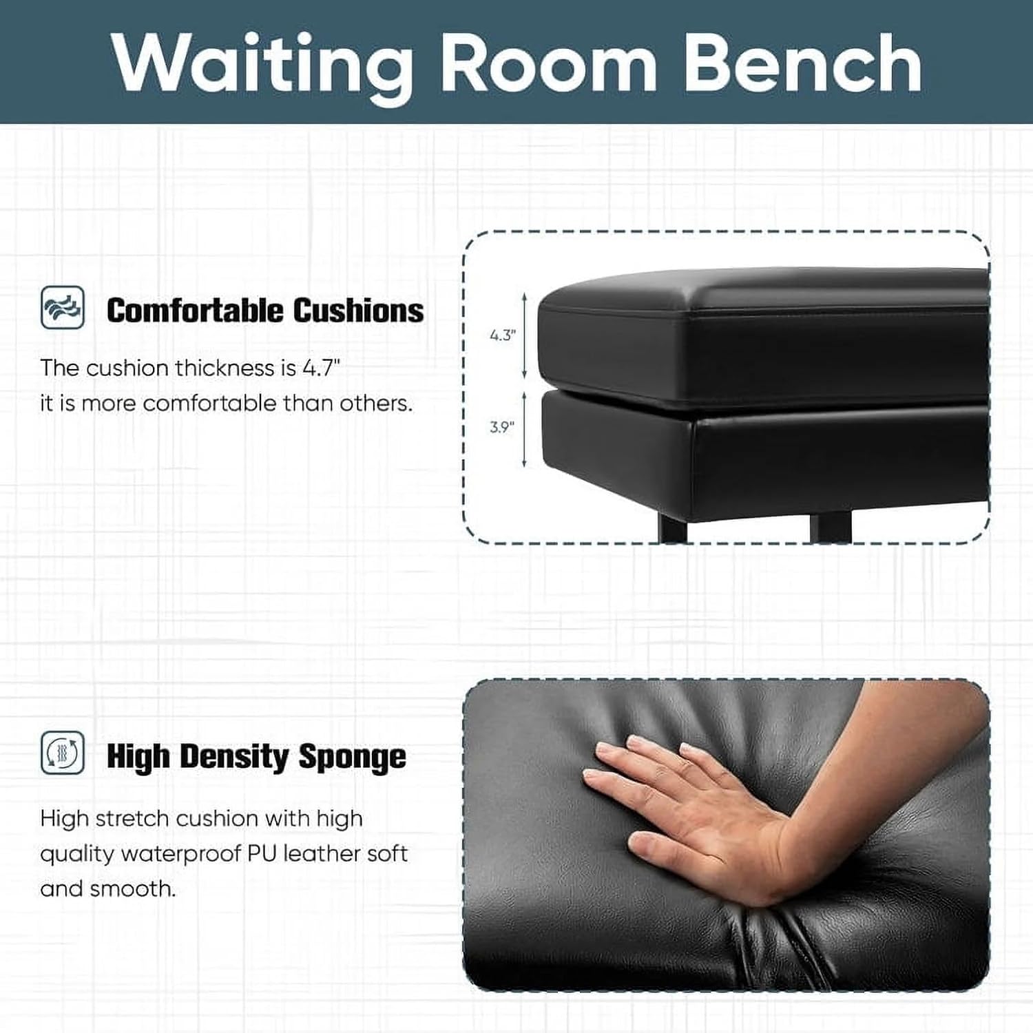 Shahoo 3 Seats Faux Leather Reception Bench, 60 Inches Office Guest Chair with Heavy-Duty Metal Legs, Upholstered Waiting Room Chairs for Office,Conference & Living Room, Black, 1 PCS