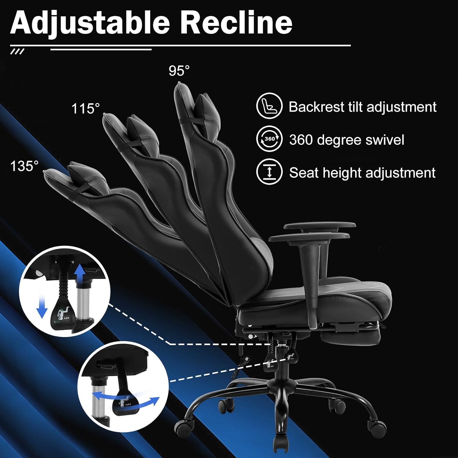 Massage Gaming Chair with Footrest - Ergonomic PC Office Chair with Lumbar Support, Headrest, Armrest - High Back PU Leather Recliner, Heavy Duty Swivel Gamer Chair, Black