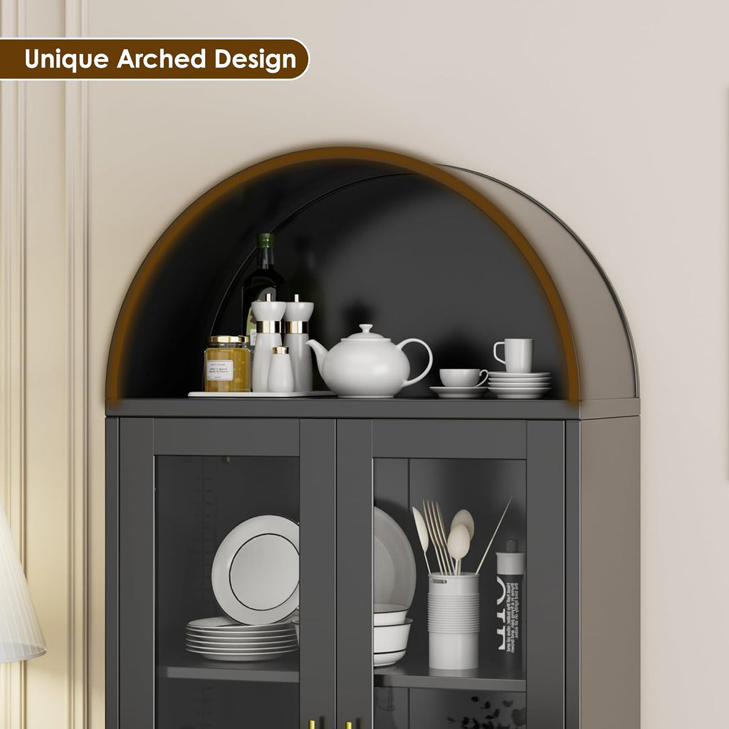 72.8" Tall Display Cabinet with Glass Doors, Metal Arched Cabinet with 2 Adjustable Shelves & Lock, Freestanding Curio Storage Cabinet for Home, Assembly Required, Black