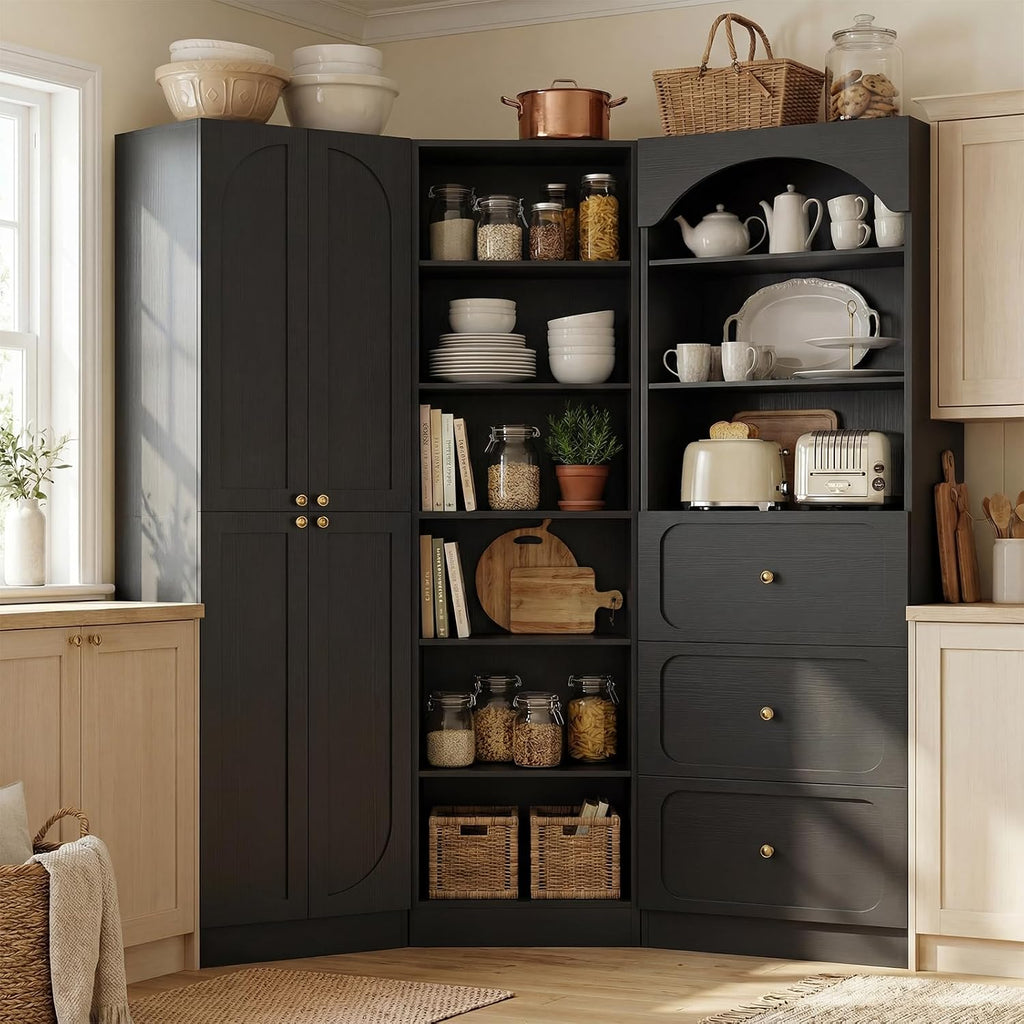 Cyclysio 80" Tall Pantry System with 4 Doors, Arched Corner Pantries with 3 Drawers, Wooden Floor Cupboard with 6-Tier Open Shelves for Living Room