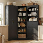 Cyclysio 80" Tall Pantry System with 4 Doors, Arched Corner Pantries with 3 Drawers, Wooden Floor Cupboard with 6-Tier Open Shelves for Living Room