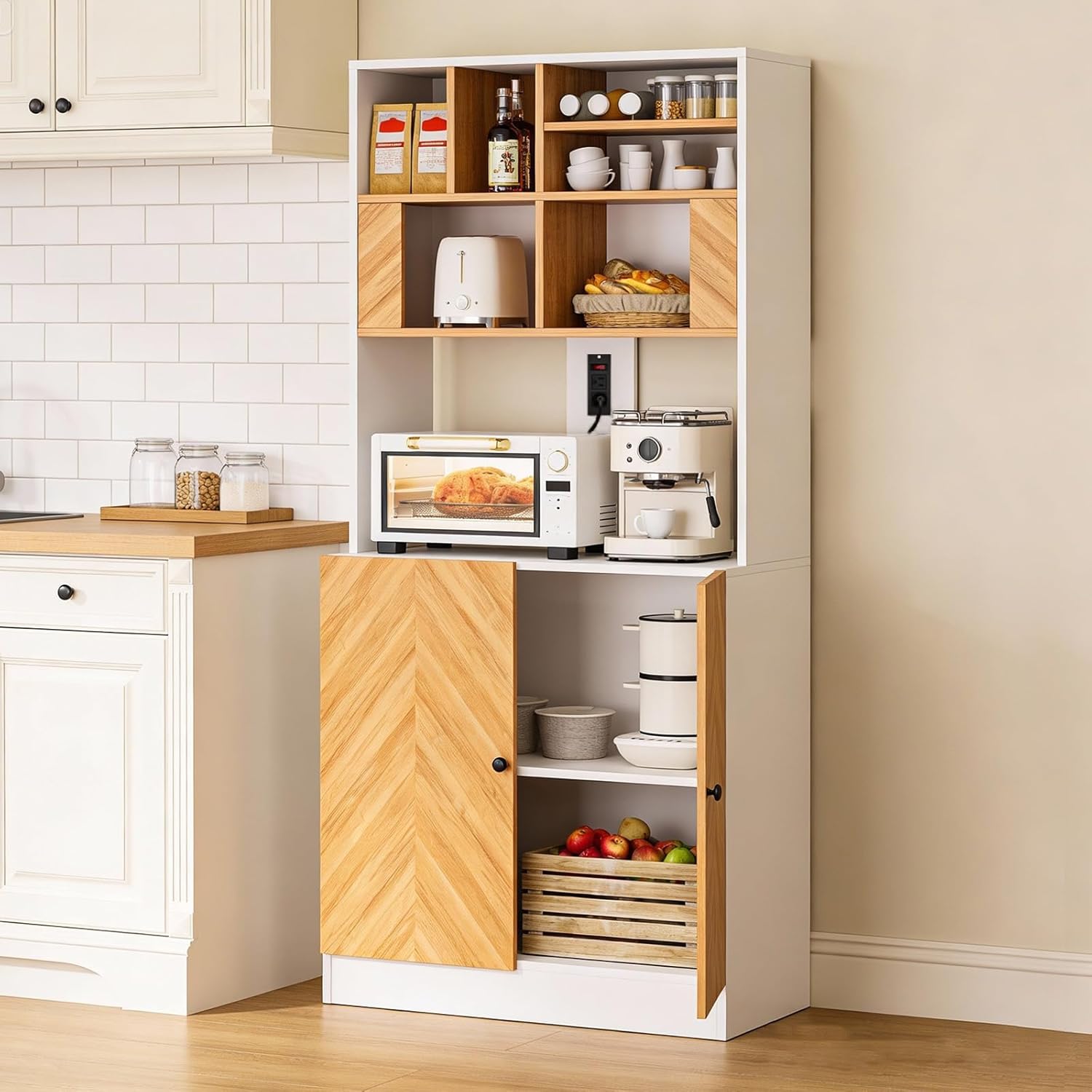 Artswish Large Pantry Cabinet with Power Outlets, Scandinavian Modern Style 4 Tier Kitchen Storage Cabinet with Microwave Stand, Kitchen Hutch with Storage for Living Room, Dining Room, Natural Color