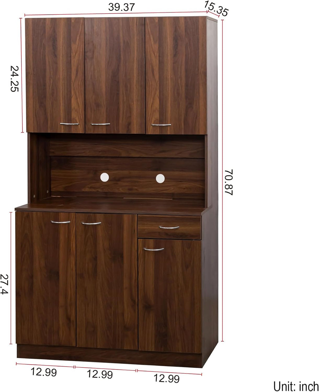 70.87 Inch Tall Kitchen Pantry Storage Cabinet with 6 Doors, 1 Drawer & Open Shelf – Versatile Hutch Cabinet for Ample Organization, Ideal as Pantry, Sideboard or Coffee Bar Cabinet, Dark walnut