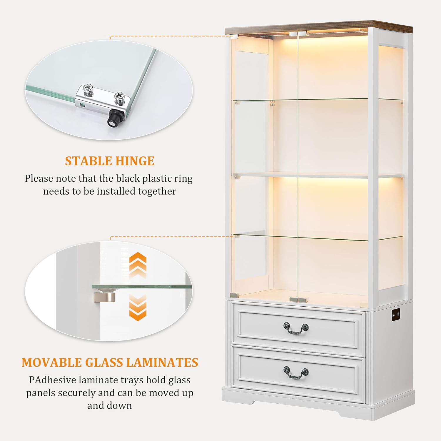 FREDEES 4-Tier Glass Display Cabinet with 2 Drawers