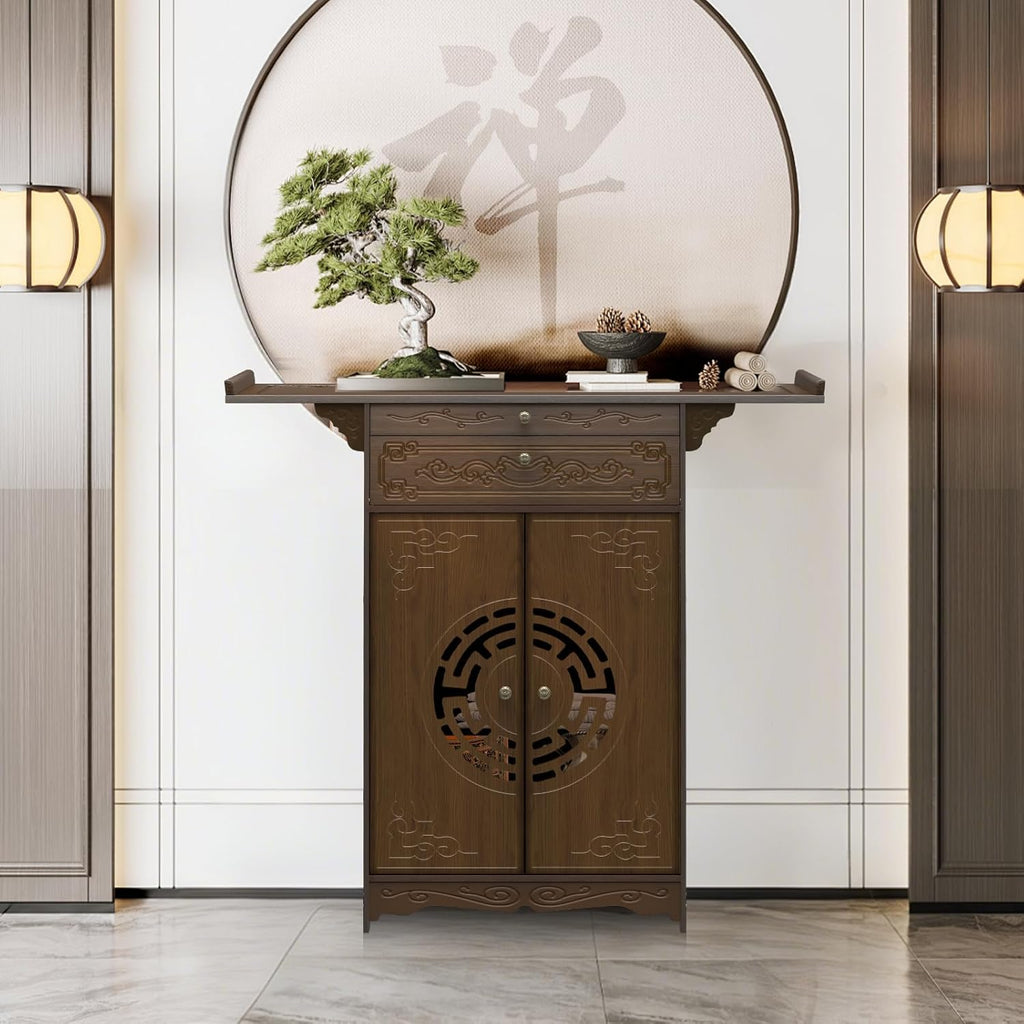 Altar Table for Spiritual, Buddhist Altar Table with Storage, Intricate Chinese Meditation Cabinet Pedestal Offering Desk, Personal Prayer Shrine Desk for Incense and Pray