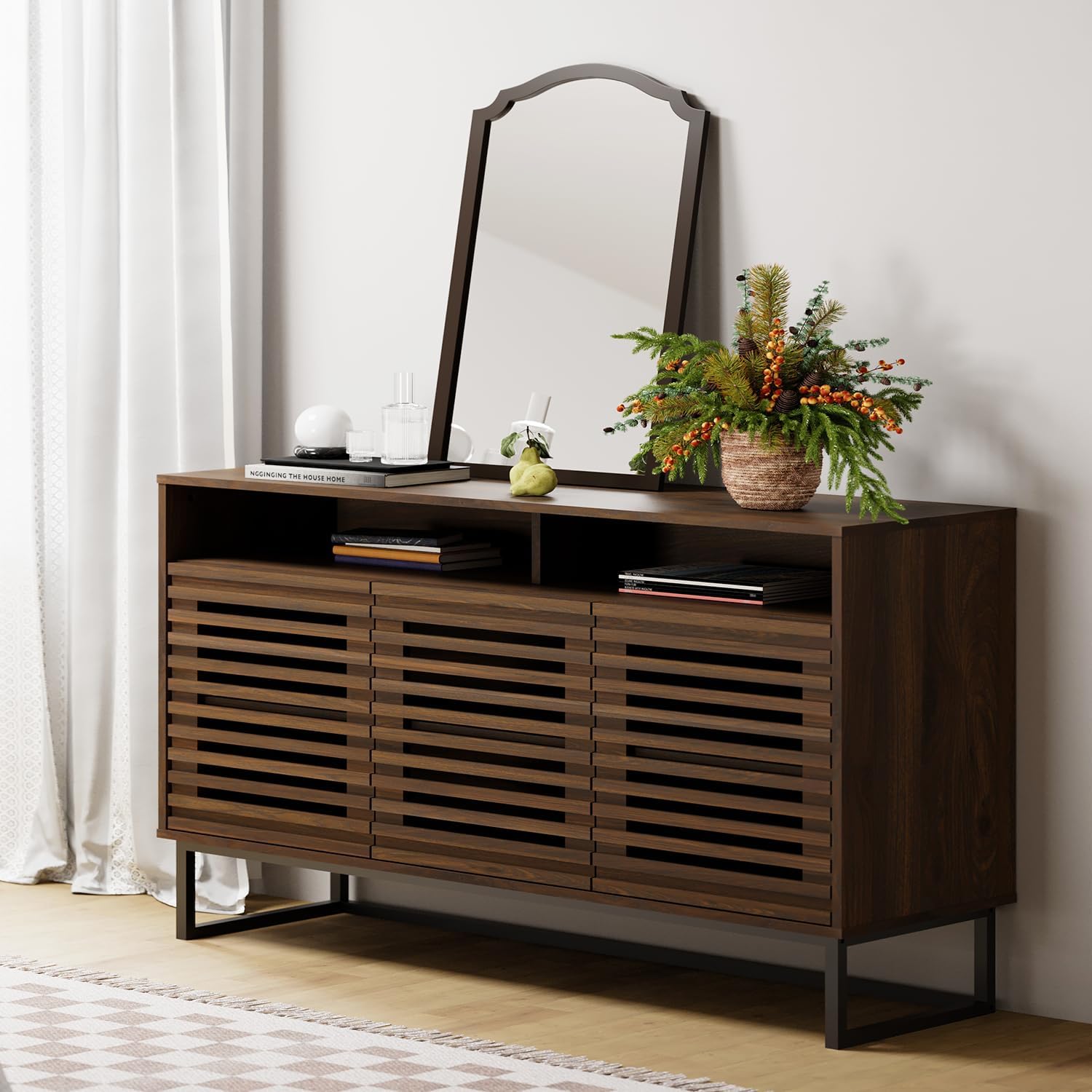 FENSULN Buffet Sideboard Cabinet Modern Storage Cabinet with Louvered Door and Adjustable Shelf for Kitchen, Coffee Bar, Living Room, Brown