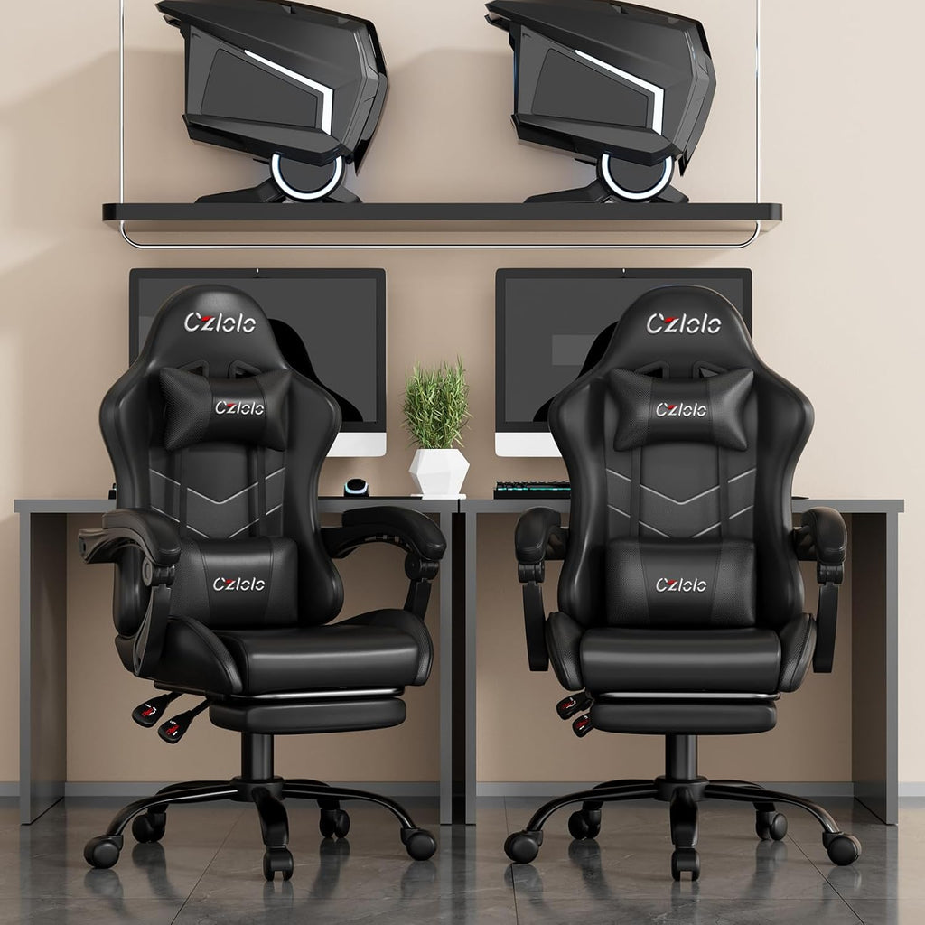 Czlolo Gaming Chair, Ergonomic Office Computer Chair with Footrest and Lumbar Support Massager Racing Style High Back Video Gamer Chair, Wide＆Thick Cushion, 90°-135° Recline, Adjustable Height, Black