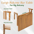 Idzo FSC Acacia Wood Folding Balcony Bar Table for Railings, Adjustable Height & Width, Teak Finish Durable Against Weather, Ideal Spacious Dimension of 27 9/16 x 23 7/16 Inch, Rectangular Design