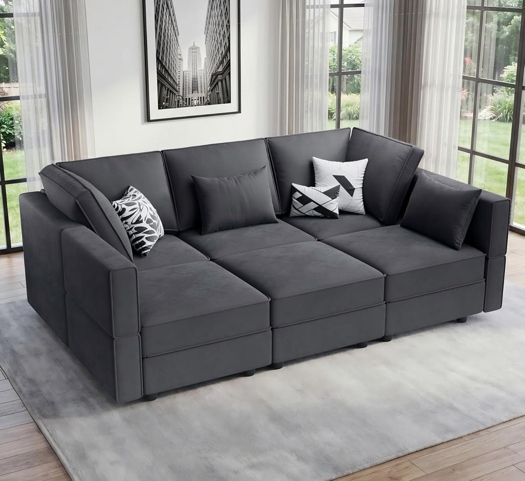 Vesgantti Sectional Sleeper Sofas with Storage, 92" Sofa Bed with 6 Seats Storage Chaises Removable Cover, Deep Seat Modular Couches Velvet Couch Set for Living Room, Apartment, Home Theater, Gray