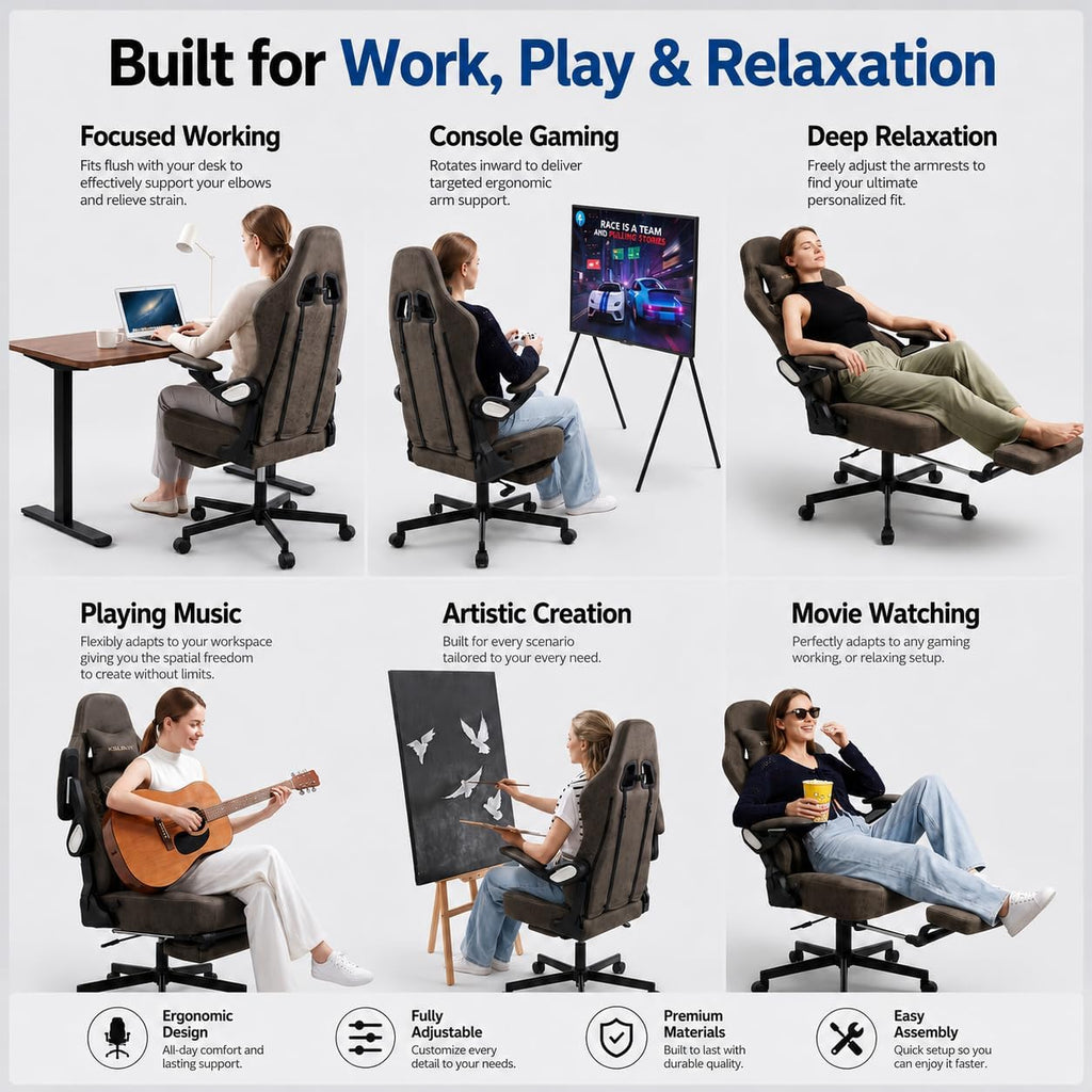 Ergonomic Gaming Chair for Adults - Big and Tall Desk Chair with Lumbar Support and Mechanical Arm Armrests, Comfortable Gamer Computer Chair, Gaming Chairs with Footrest (Grey Leather)