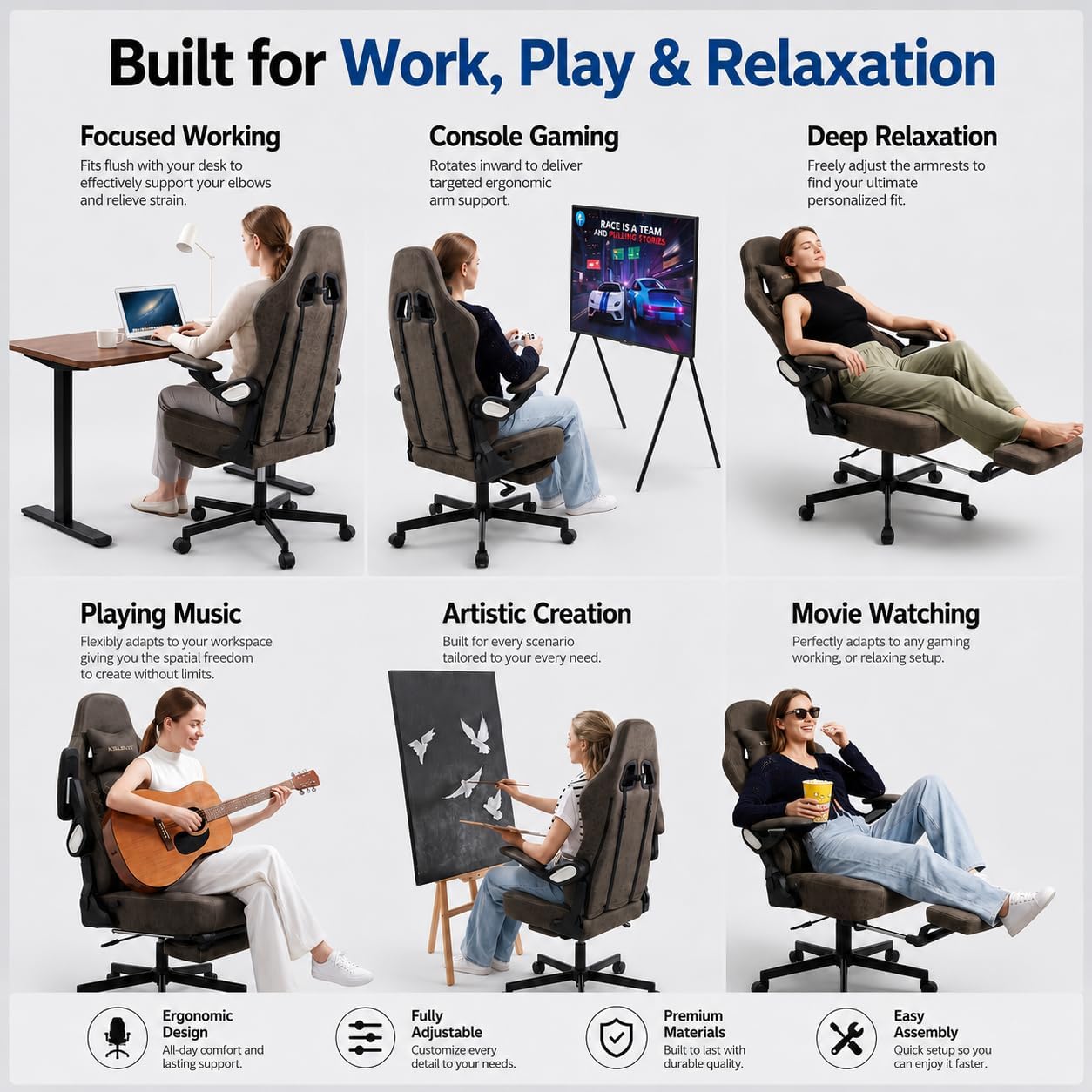 Ergonomic Gaming Chair for Adults - Big and Tall Desk Chair with Lumbar Support and Mechanical Arm Armrests, Comfortable Gamer Computer Chair, Gaming Chairs with Footrest (Grey Leather)