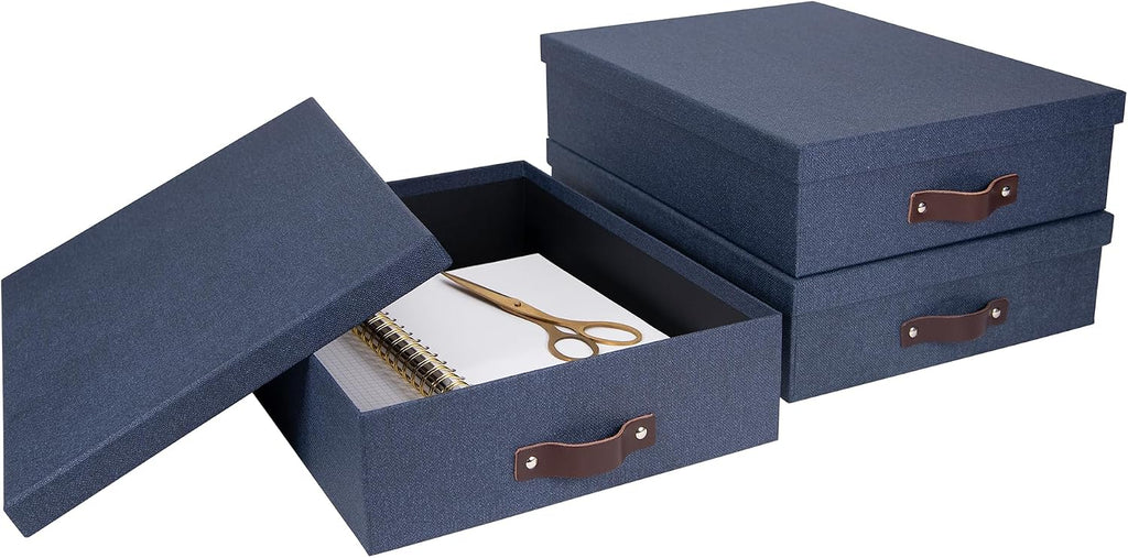 Bigso Oskar Canvas Fiberboard Document Letter Box - File Organizer Box for Important Paperwork - Document Storage with a Lid & Leather Handle - 3.3 in x 10.2 in x 13.8 in - Blue (Pack of 2)