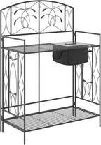 Outsunny Folding Potting Bench Table, Metal Garden Workstation, Work Bench with Large Built-in Bag with Cover, 5 Hanging Hooks & Storage Shelf, Leaf Pattern