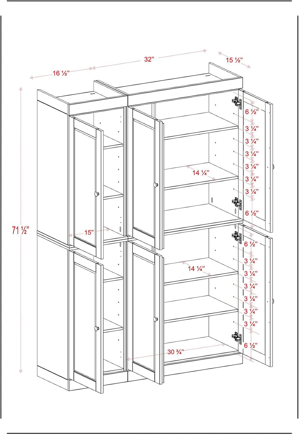 Palace Imports Solid Wood Kitchen Pantry Cabinet 71.5" Tall, 48.5" Wide – Wooden Storage Cabinet w/ 6 Shaker Doors & 8 Adjustable Shelves – Gray, 100% Renewable Eco-Friendly Wood, Made in Brazil