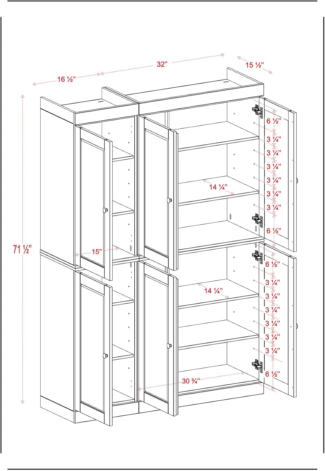 Palace Imports Solid Wood Kitchen Pantry Cabinet 71.5" Tall, 48.5" Wide – Wooden Storage Cabinet w/ 6 Shaker Doors & 8 Adjustable Shelves – Gray, 100% Renewable Eco-Friendly Wood, Made in Brazil