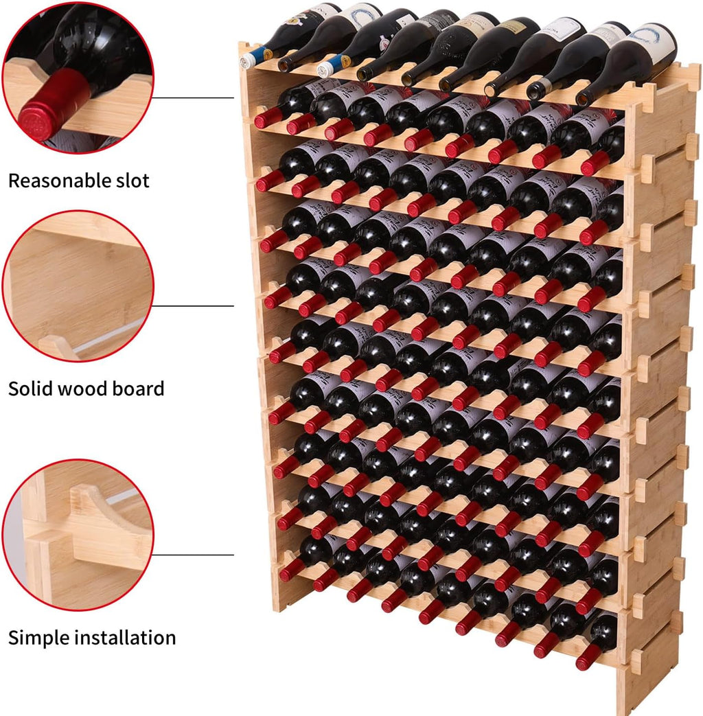 90 Bottle Bamboo Wine Rack Stackable Storage Freestanding Floor Wooden Modular fWine Rack Shelf