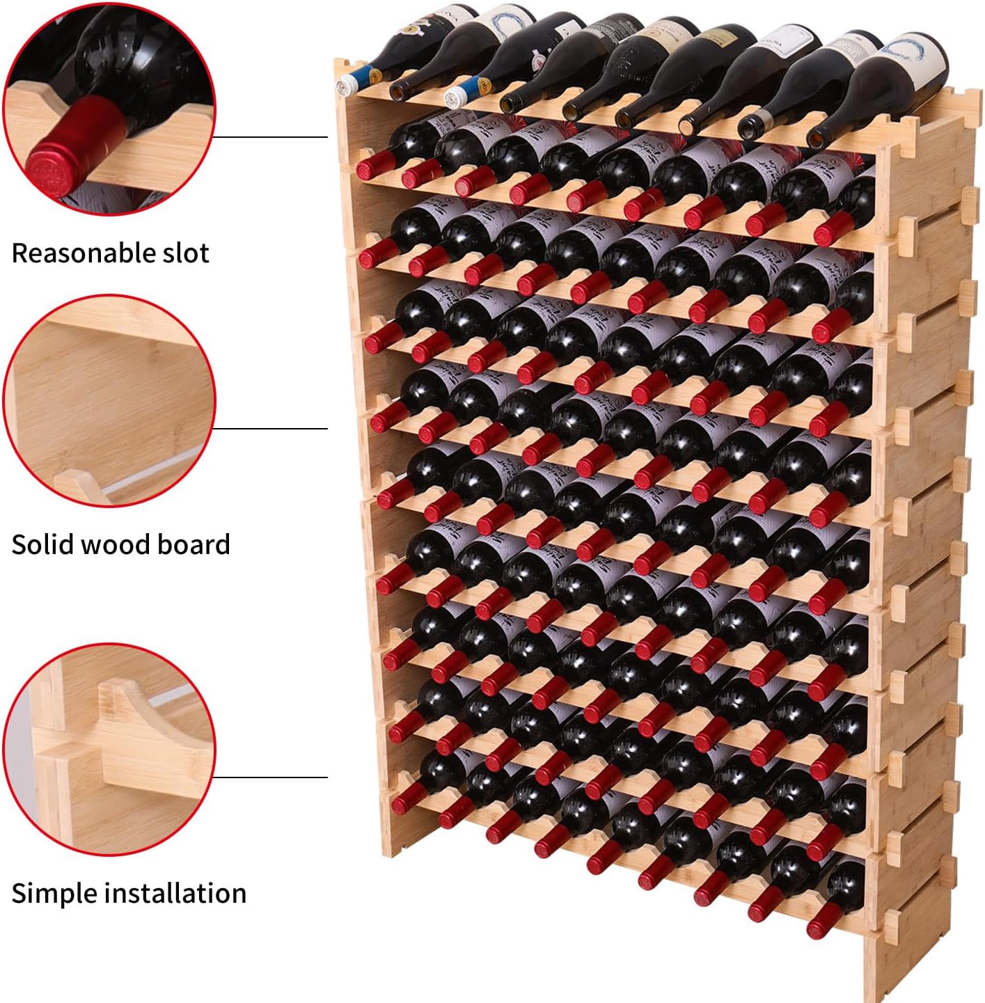 90 Bottle Bamboo Wine Rack Stackable Storage Freestanding Floor Wooden Modular fWine Rack Shelf