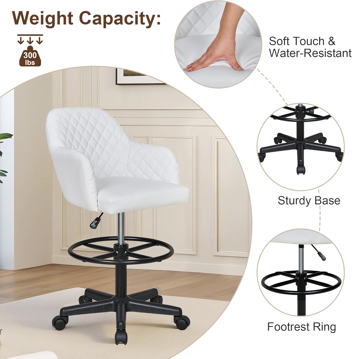 VECELO PU Leather Drafting Chair with Low Back and Footrest Ring, Height Adjustable, Swivel Rolling Wheels, for Drawing/Standing Desk/Office, White
