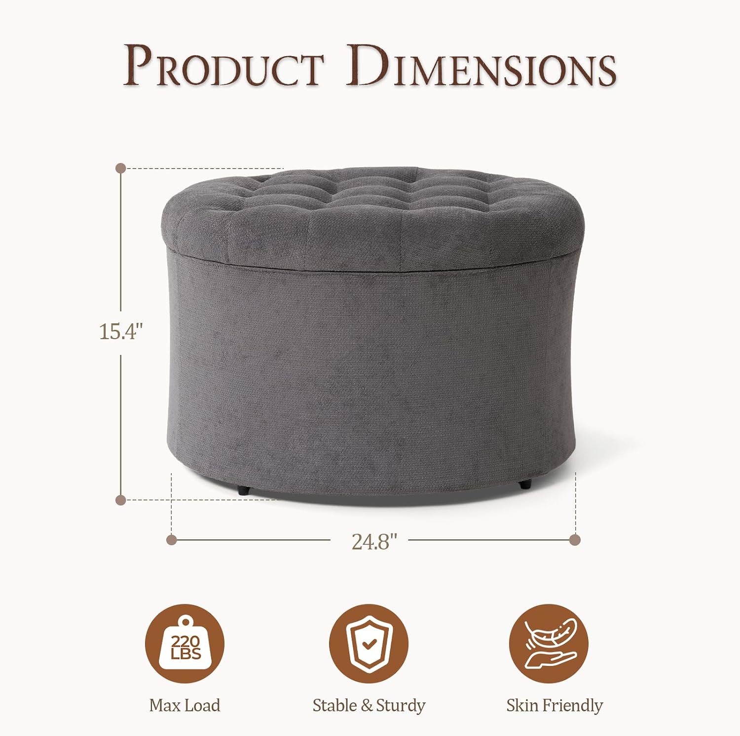 ONBRILL 25" Ottoman with Storage, Round Pouf Ottoman Foot Rest, Small Storage Foot Stool for Couch Bedroom Living Room, Books, Blankets & Kid's Toy Box, Load up to 220 lbs, Grey