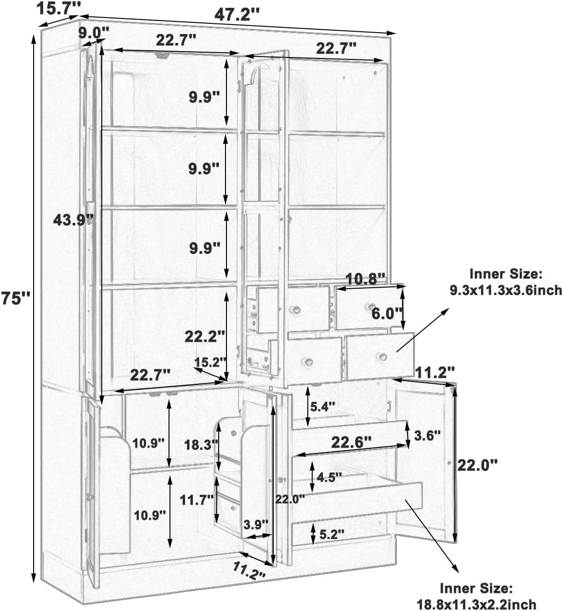 Virubi 75 Inch Tall Kitchen Pantry Storage Cabinet with Glass Doors, Freestanding Buffet with Hutch 4 Drawers&Built-in Door Shelves&Pull-Out Trays for Dining Room, Food Pantry for Living Room (White)