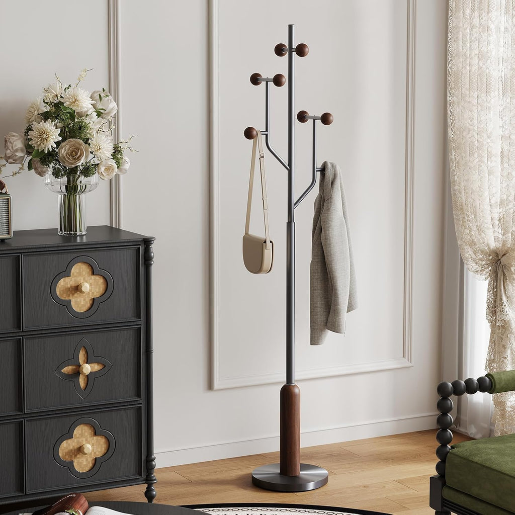 Coat Rack Freestanding with Stainless Steel Marble Base, 8 Wood Ball-shaped Hooks, Heavy-Duty Standing Rack Clother Hanger Rack Metal Coat Tree for Bedroom Entryway, Hat, Bags, Long Dresses