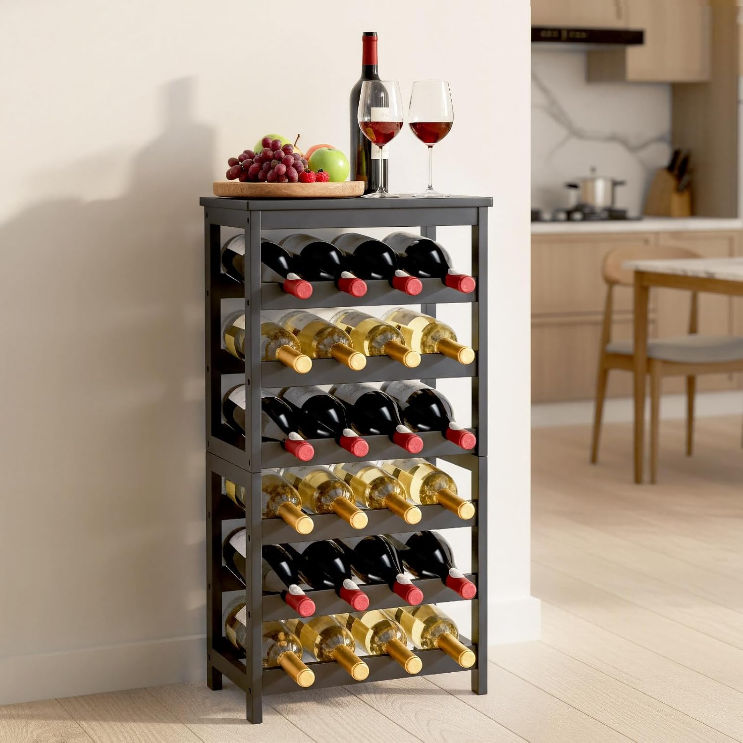 VEVOR 24 Bottle Detachable Wine Rack, 6-Tier Wine Bottle Holder,Solid Bamboo Wood Freestanding Floor Display Wine Storage Shelves with Table Top, for Kitchen,Cellar,Bar,Dining Room,Living Room(Black)