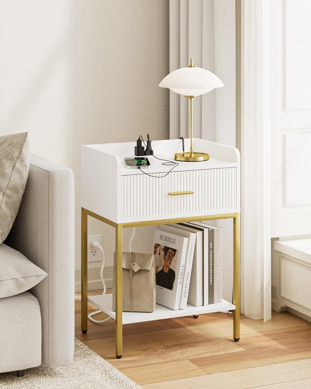 Nightstand with Charging Station, 3-Tier Bed Side Table, Small End Table, Night Stand with Open Shelf and Drawer, Bedside Table for Bedroom, Living Room, White