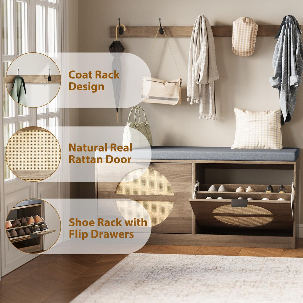 Rattan Storage Bench with Cushion & Coat Rack, Shoe Rack with 2 Flip Drawers, Narrow Shoe Storage Cabinet, Shoe Bench for Entryway, Living Room, Rustic Oak, Round