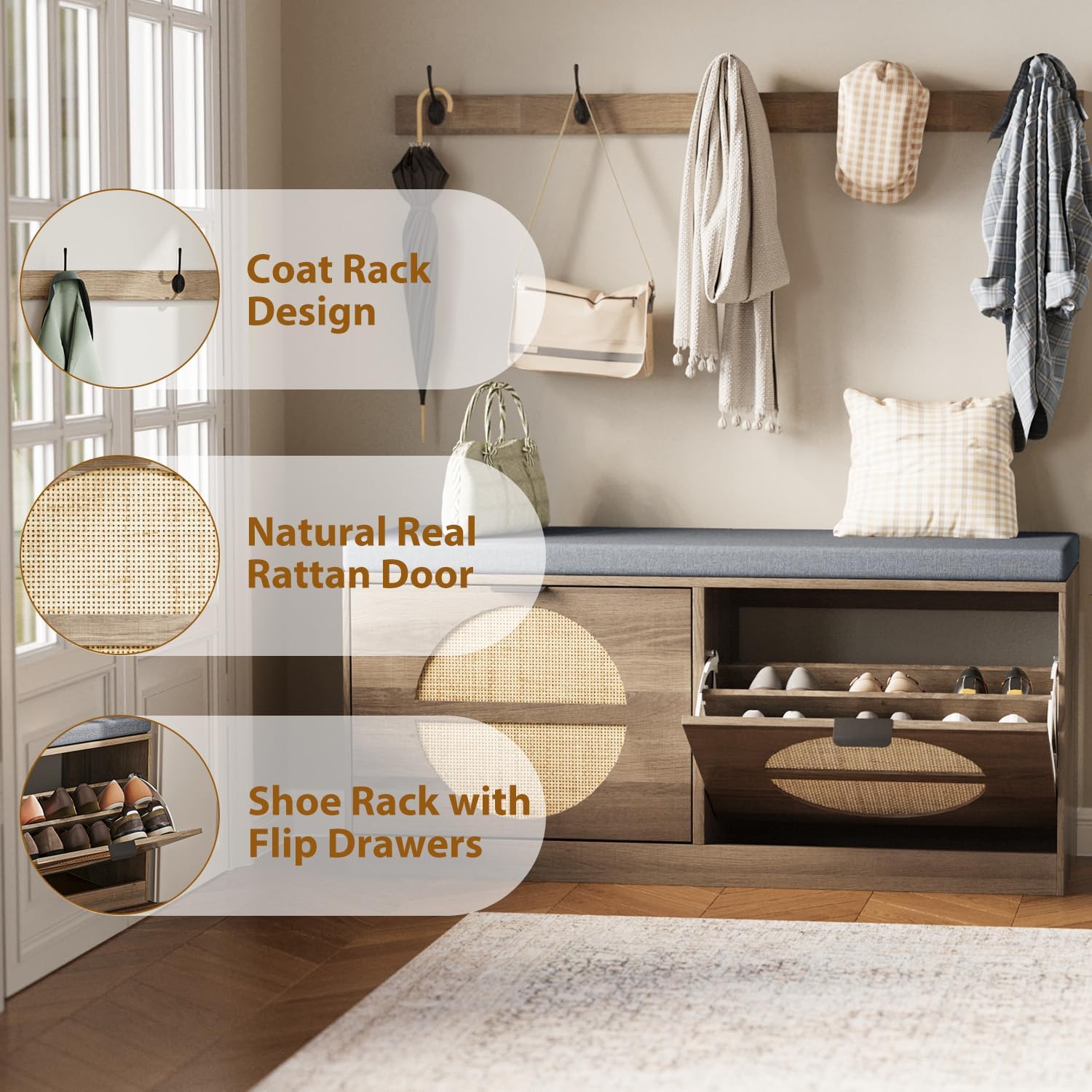 Rattan Storage Bench with Cushion & Coat Rack, Shoe Rack with 2 Flip Drawers, Narrow Shoe Storage Cabinet, Shoe Bench for Entryway, Living Room, Rustic Oak, Round