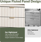 ROCSUMOO Fluted Nightstands Set of 2, Large Nightstand with Drawers and Storage Shelf - Wooden Nightstands Modern Design Night Stands for Bedroom Sofa Office (2 Pieces, Beige)