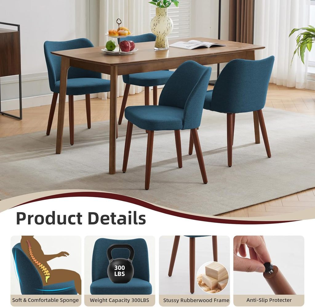 Dining Chair Set of 4, Linen Upholstered Dining Chair with Wood Legs, Wing Backrest, Wooden Kitchen Chair, Kitchen Chairs with Thick Cushions for Dining Room, Living Room, Blue