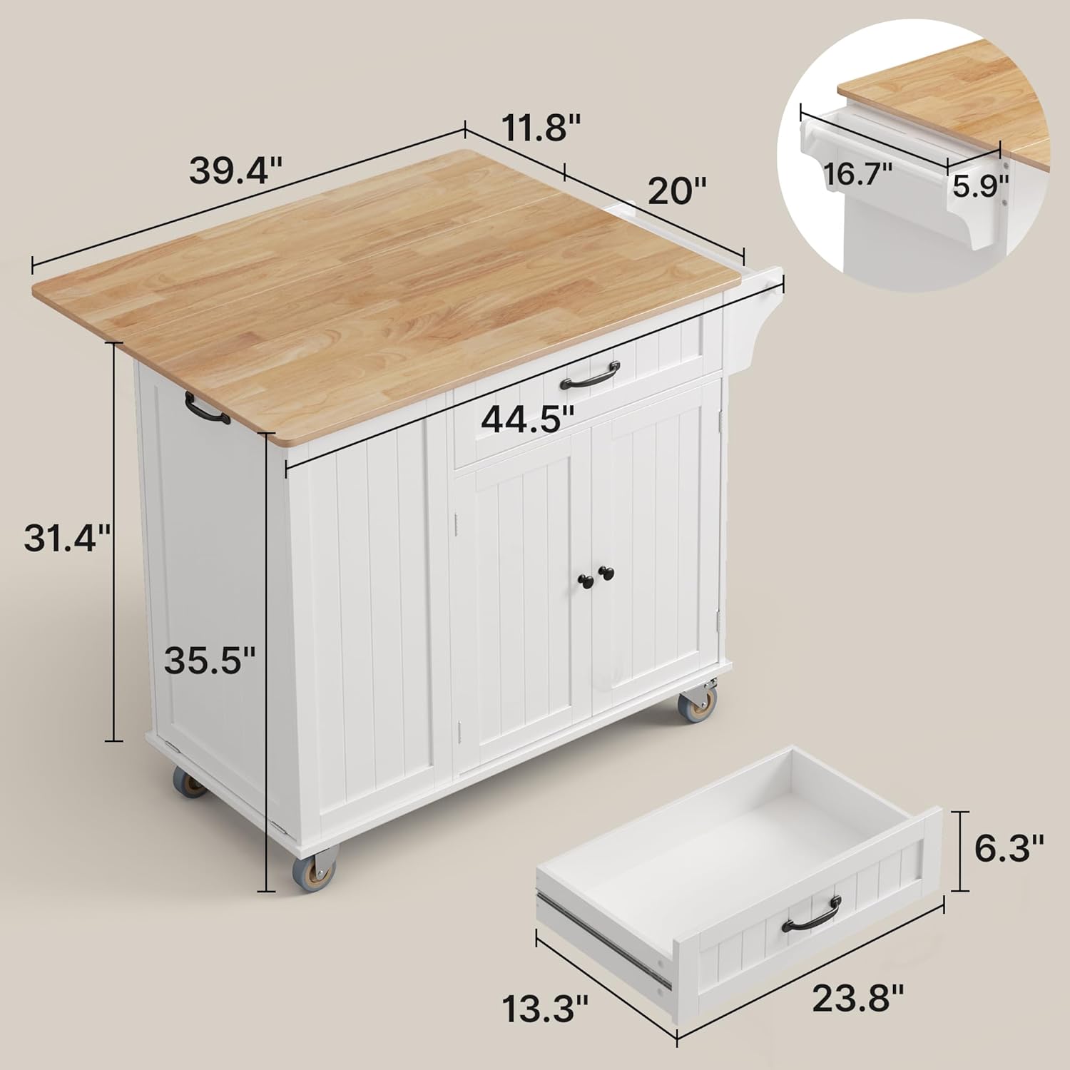 Ahomly Kitchen Island with Storage, 44.49" Kitchen Island with Trash Can Storage, Drop Leaf Rubberwood Top, Knife Holder, Adjustable Shelf, Towel Bar, Drawer, Spice Rack, White