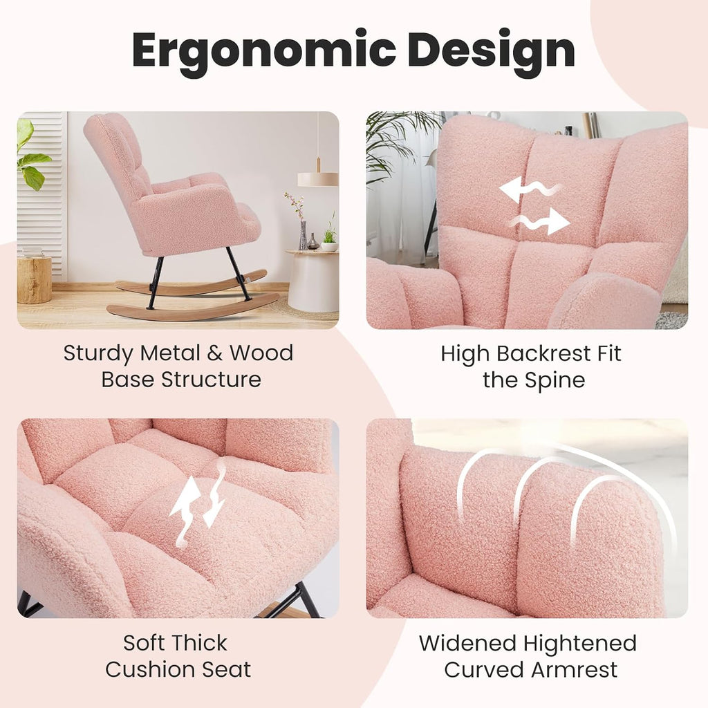 DUMOS Rocking Chair Nursery Teddy Upholstered Gliders Rocker Accent Reading Recliner Thick Padded Seat Ergonomic Modern with High Backrest Armchair Comfy Side for Living Room Bedroom Office Balcony