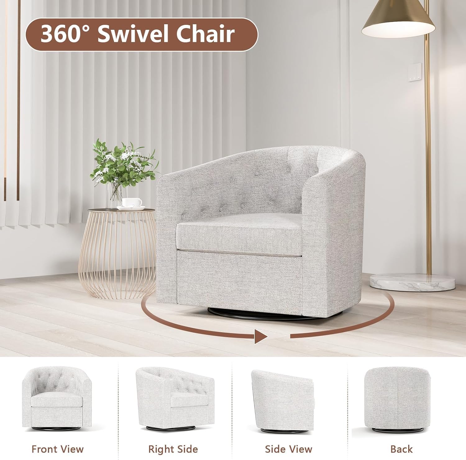 Simore Swivel Barrel Accent Chair Set of 2, Breathable Fabric Round Swivel Cuddle Chair Armchair for Nursery Living Room Bedroom Office, Light Gray