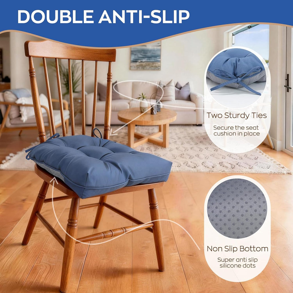 Chair Cushions for Dining Chairs Set of 2 Non Slip Cushions for Kitchen Chairs 4" Thick Seat Cushions 2 Pack Waterproof Chair Pads for Dining Room Indoor with Ties 16.5"x16.5" Tufted Memory Foam Blue