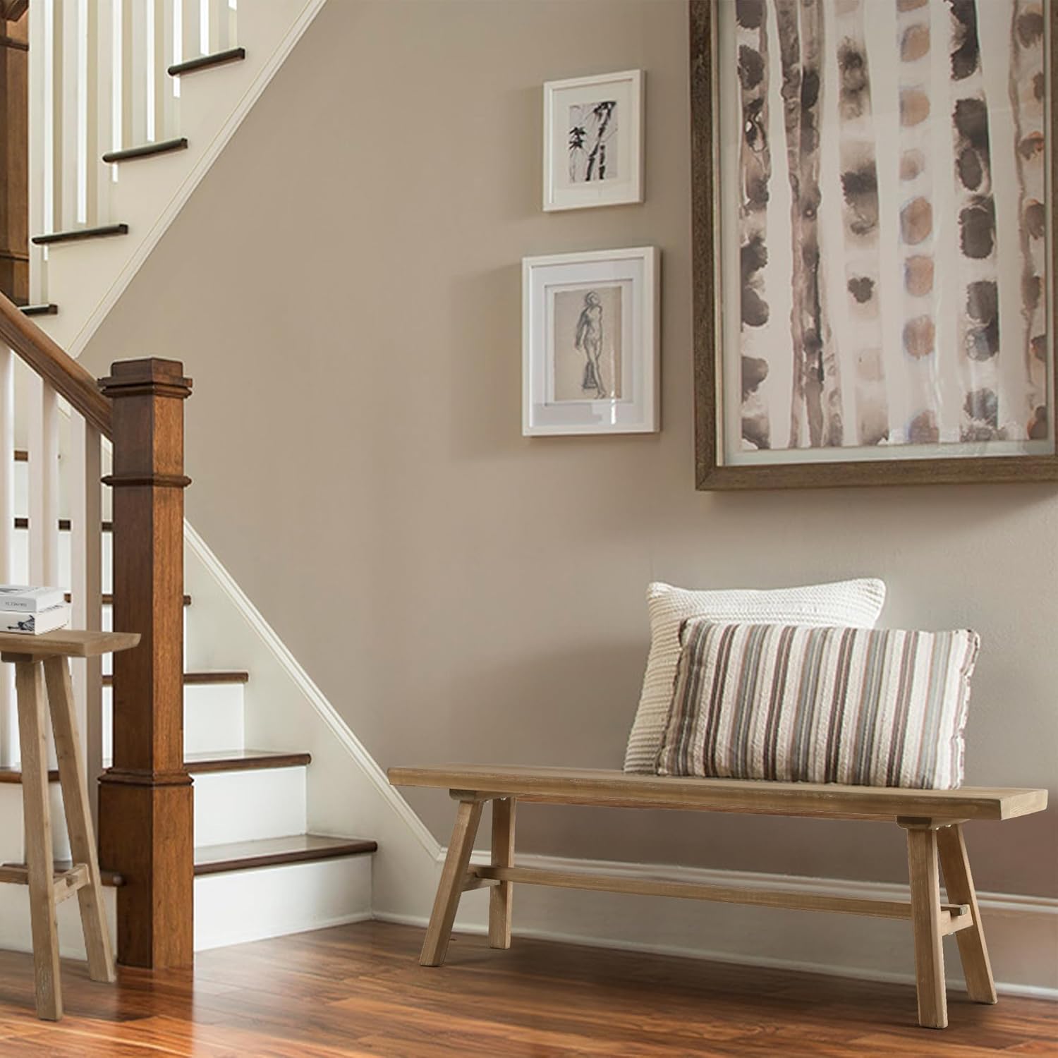 Wnutrees 55" Farmhouse Wood Bench, Rustic Solid Wood Dining Room & Entryway Bench Seat for Indoors, Easy Assembly, Natural
