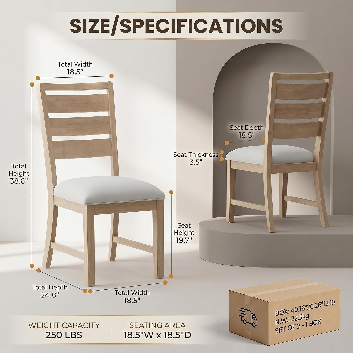 COLAMY Modern Dining Chairs Set of 2, Breathable Fabric Kitchen Chairs with High-Resilience Cotton Padding, Ergonomic Solid Wood Legs Accent Seating for Living Room 250LBS,Oak Natural