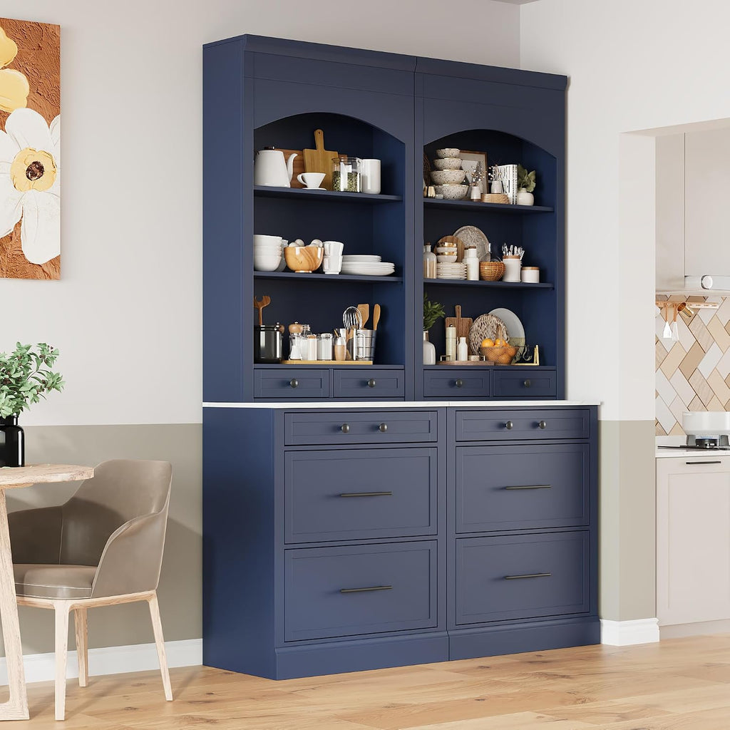 84" Tall Kitchen Pantry, Display Cupboard Cabinet with Storage, Modern Freestanding Kitchen Hutch with 5 Drawers and Adjustable Shelves, Wood Storage Cabinet for Kitchen, Blue, Set of 2