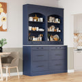 84" Tall Kitchen Pantry, Display Cupboard Cabinet with Storage, Modern Freestanding Kitchen Hutch with 5 Drawers and Adjustable Shelves, Wood Storage Cabinet for Kitchen, Blue, Set of 2